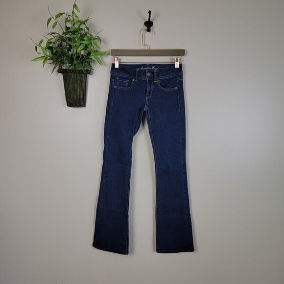 AE 0 Original Boot Bootcut Dark Wash Low Rise Stretch Jeans American Eagle Y2K - Picture 1 of 13